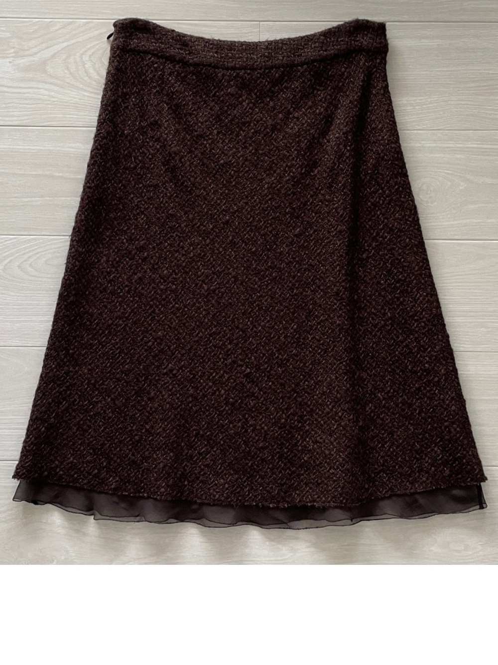 Prada Brown Textured Bouclé Wool Blend ALine Midi Skirt Chiffon LinedChiffon Hem - Picture 9 of 11